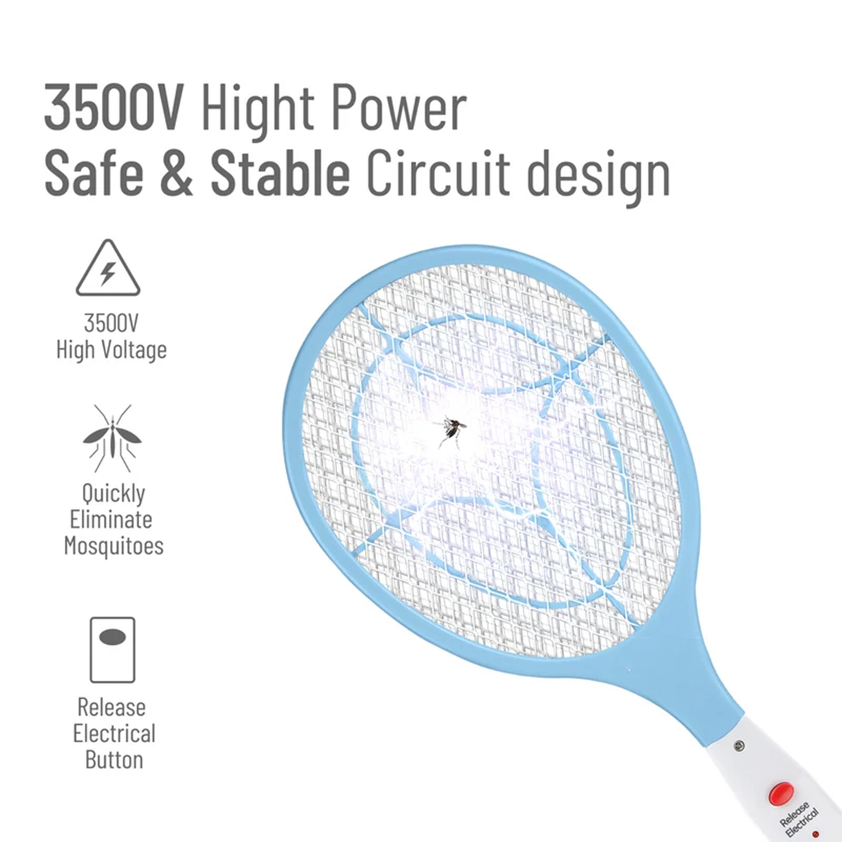 Battery Free Press To Charge Electric Mosquito Swatter With Triple Layer Mesh